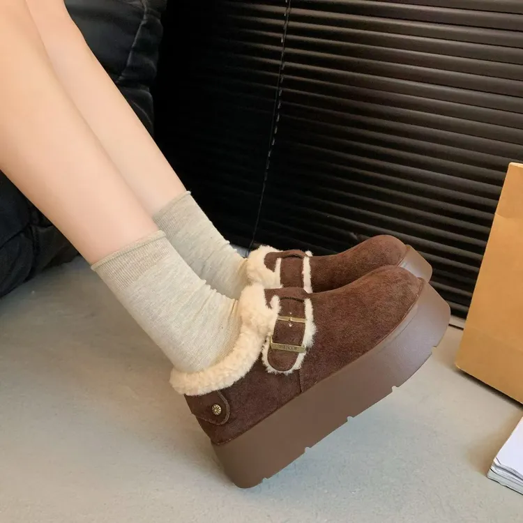 厚底增高勃肯鞋女冬季加绒加厚复古百搭保暖低帮防滑毛毛棉鞋外穿