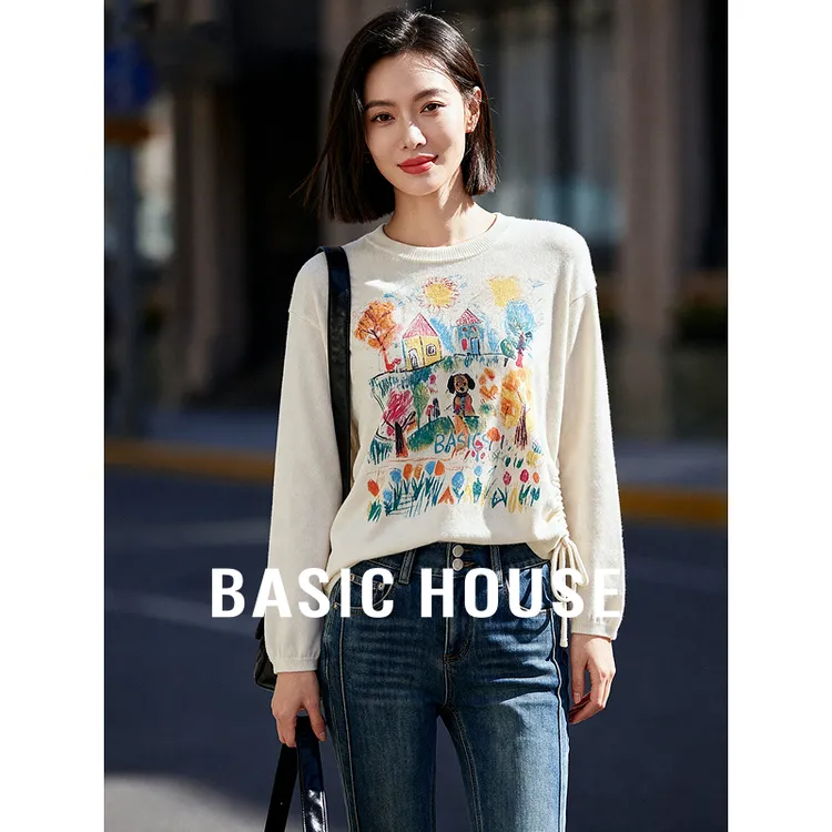 Basic House/百家好秋季休闲小众卡通印花针织衫女-B0625B5MFC2