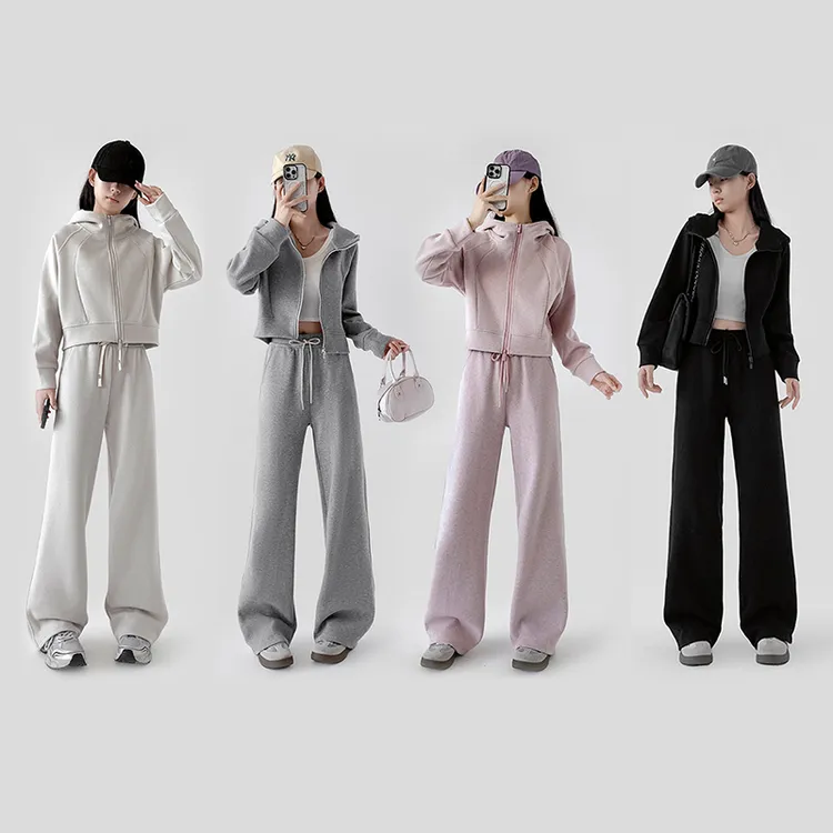 秋冬长袖时尚宽松休闲运动套装卫衣户外加绒韩版女士运动连帽外套