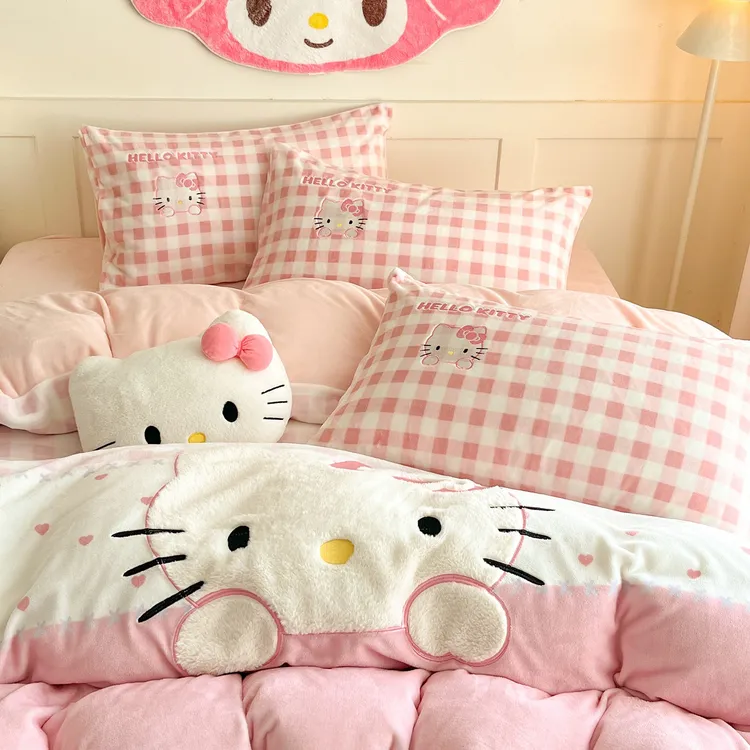 卡通KT猫牛奶绒四件套冬季加厚双面绒保暖被套公主风床单床品套件