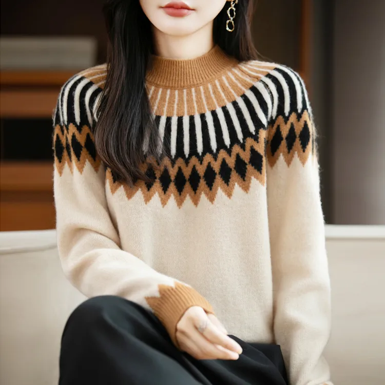 秋冬纯羊毛圆领提花打底衫针织毛衣时尚女上衣新潮毛针织衫ZM-024