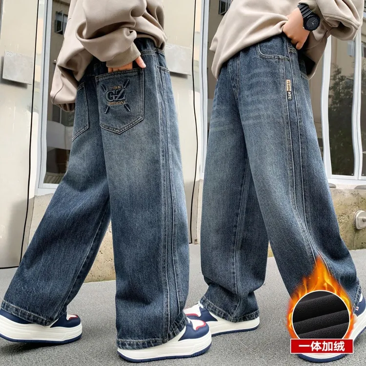 男童中大童一体绒直筒牛仔裤秋冬款2025新款冬季加绒男孩休闲裤