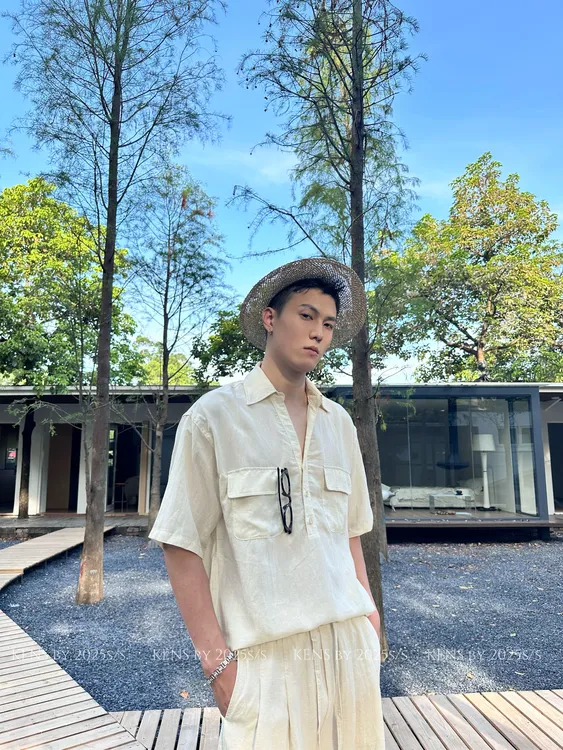 KENS/【莱赛尔天丝亚麻】轻薄透气V领短袖老钱新贵感衬衣