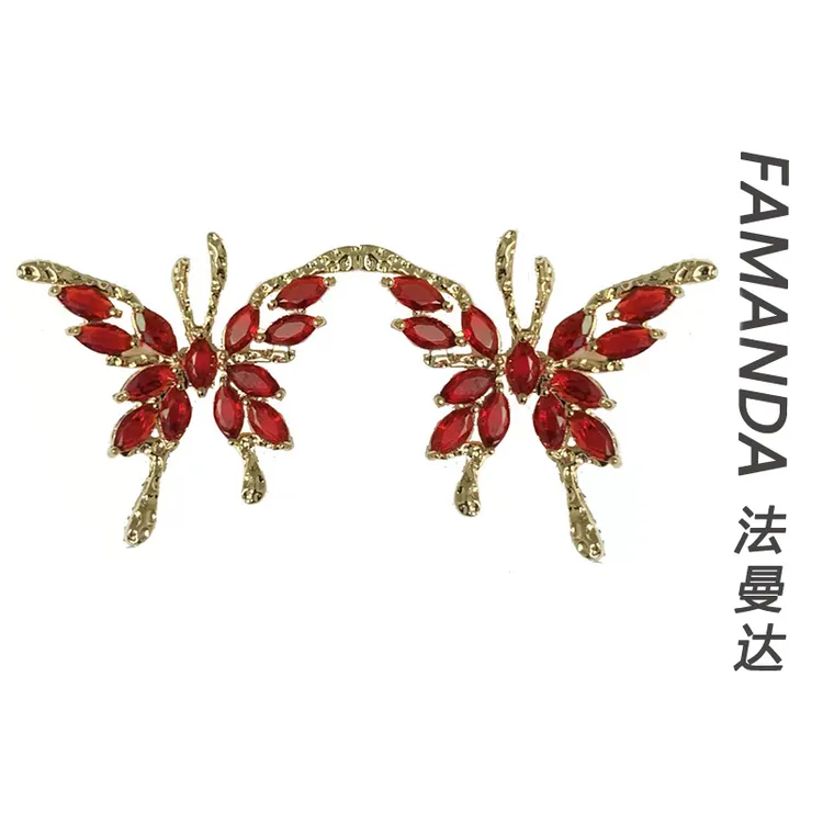 法曼达 铜合金锆石耳饰 【金蝶飞舞】高品质电镀红色贵气耳环耳钉