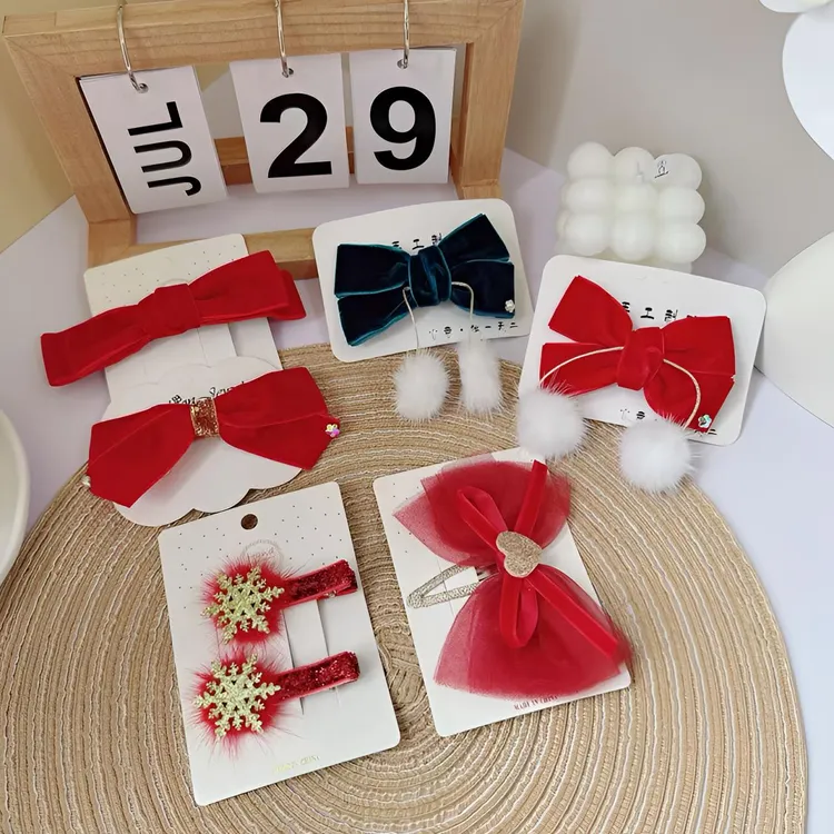 森系儿童发饰圣诞新年毛绒边夹 蝴蝶结女童边夹BB夹头饰   清仓 