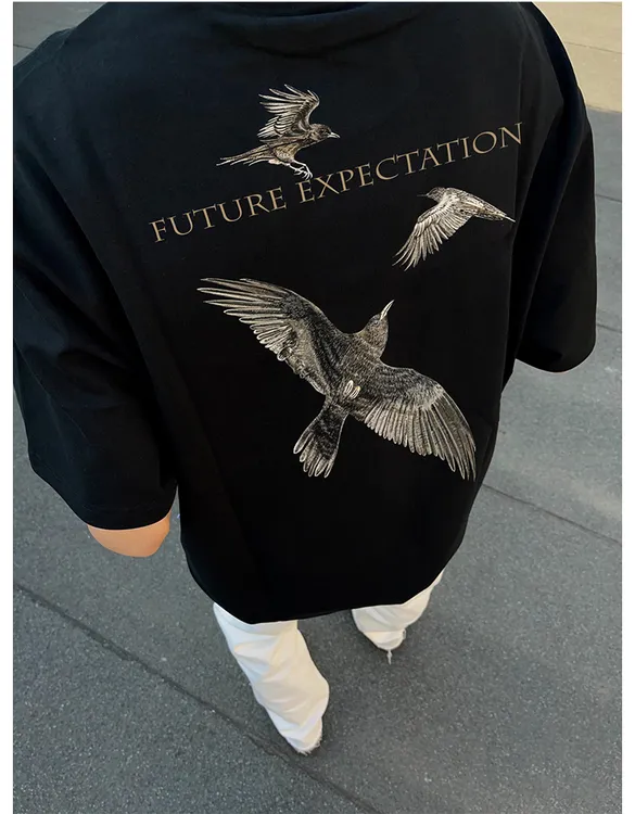 美式高街重磅纯棉黑鸟印花短袖t恤男夏季潮牌上衣宽松情侣装半袖