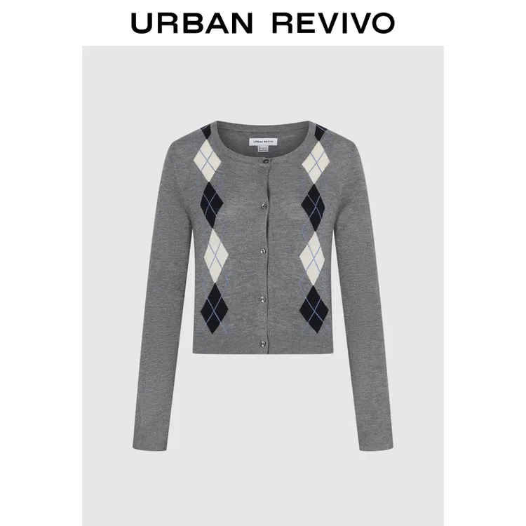 UR2025秋季新款女装休闲学院风撞色菱格纹针织开衫UYL950220