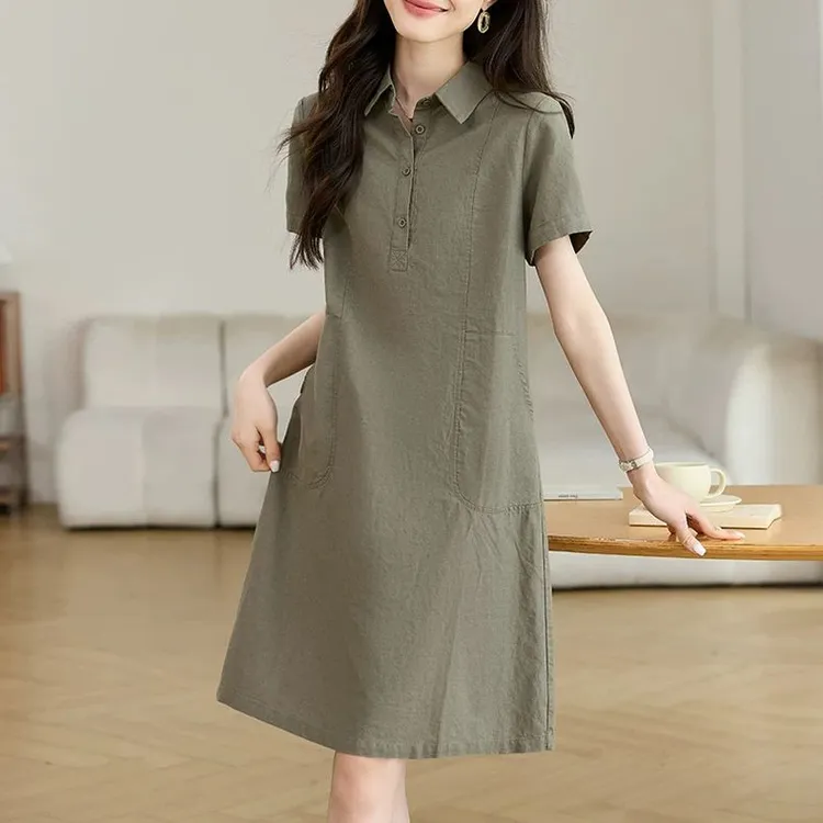 棉麻连衣裙女夏2025新款中年妈妈短袖a字裙中长款时尚显瘦衬衫裙