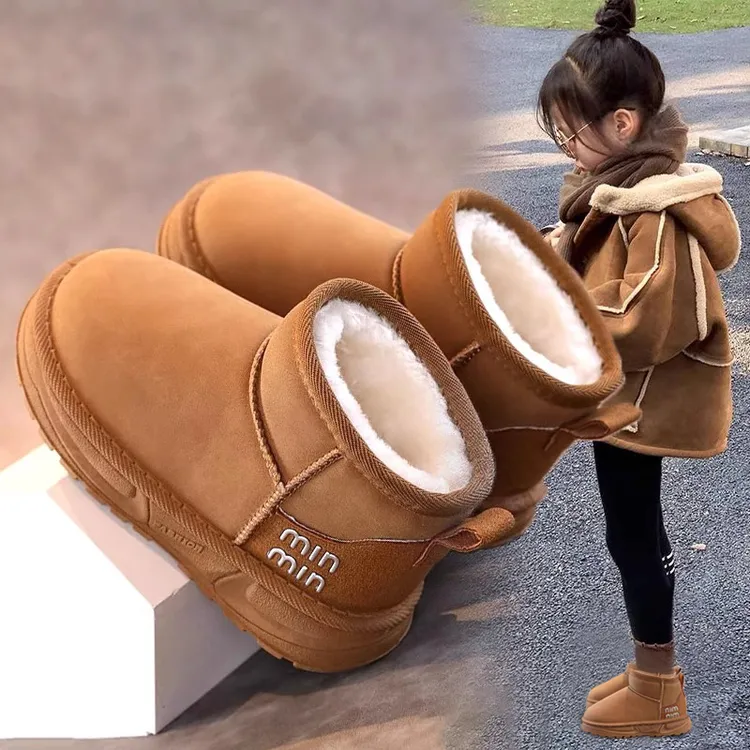 ABC儿童雪地靴皮面加绒加厚2025冬季新款男女童棉靴保暖防滑靴子