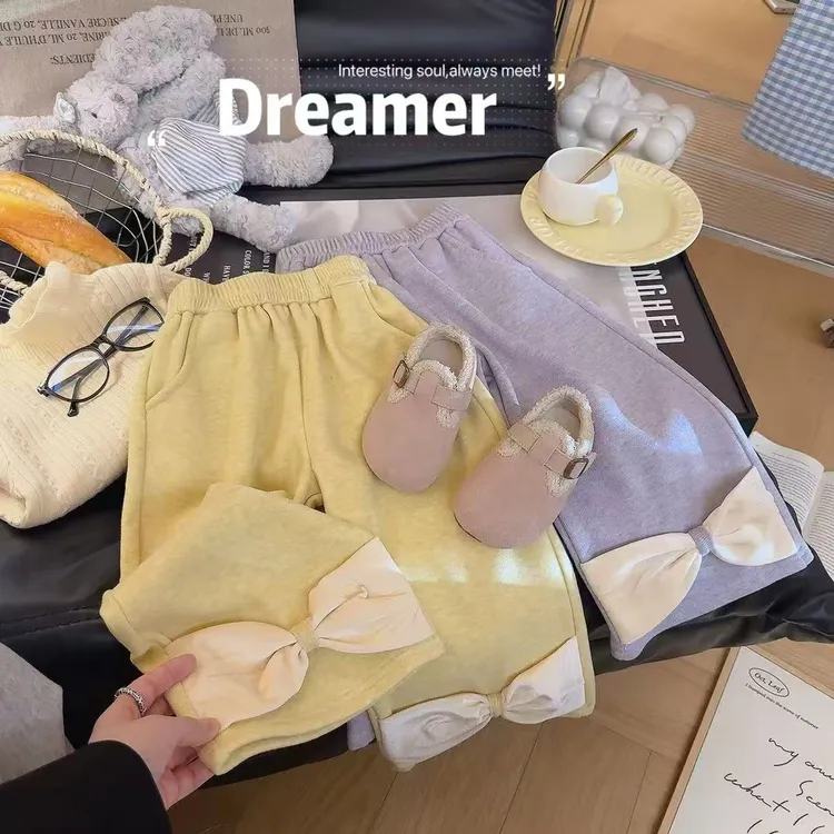 女童甜美时尚大蝴蝶结加绒阔腿休闲裤2025冬季新款AWB082鱼