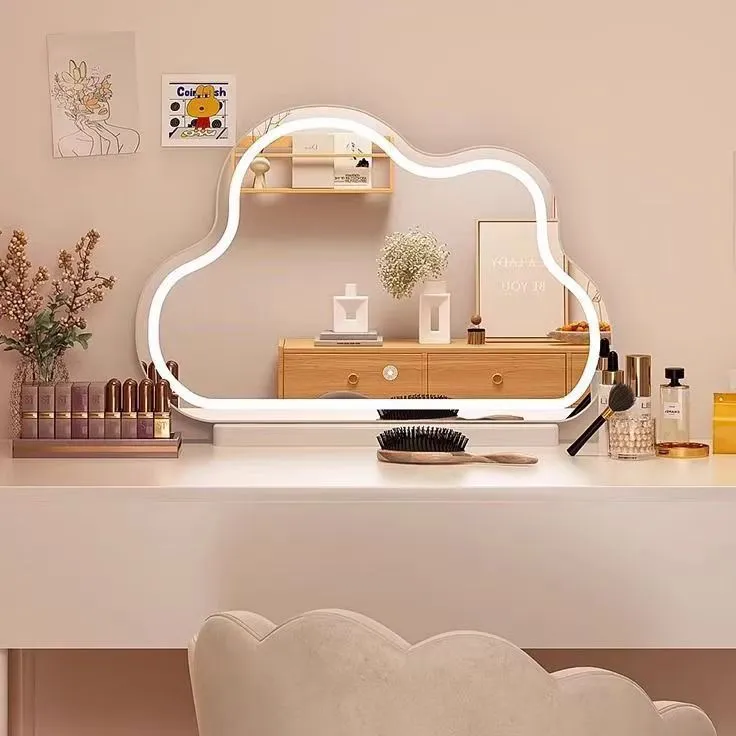 云朵台式带灯梳妆镜智能三色灯LED美颜镜网红卧室桌面梳妆台镜子