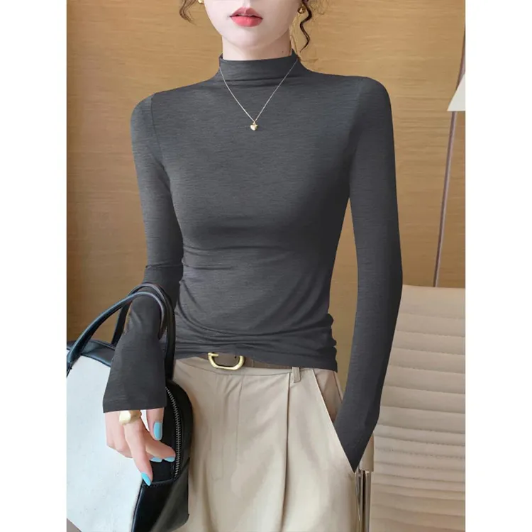 VOCKOO黑色莫代尔半高领打底衫女春秋冬季2025新款内搭长袖紧身薄
