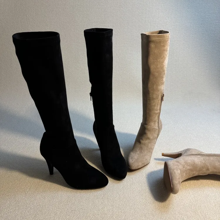 六也「中古细跟」时尚尖头绒面侧拉链长筒百搭气质高跟瘦瘦靴L935