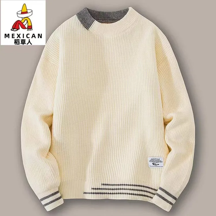 稻草人男士毛衣微阔版套头拼色圆领宽松针织衫秋冬季青少专柜品质