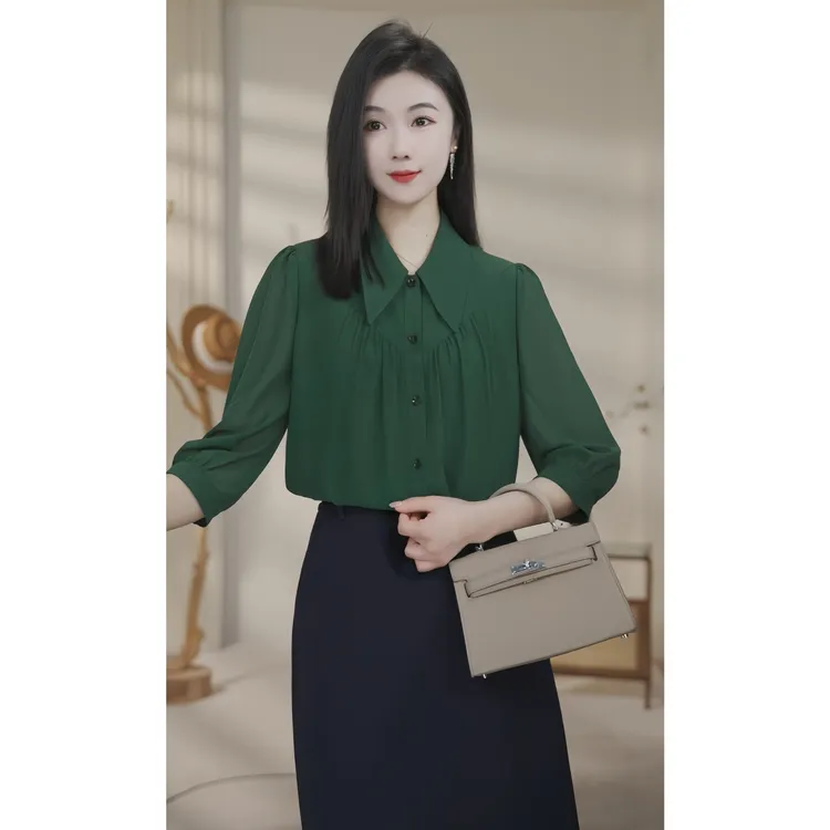 【小北甄选】欧若风8592379祖母绿衬衫女长袖气质时尚小众法式衬衣