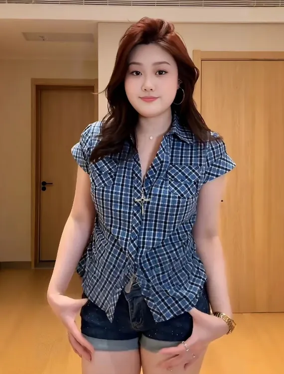 大码女装韩系polo领蓝色格纹短袖衬衫胖mm修身巨显瘦掐腰小衫上衣
