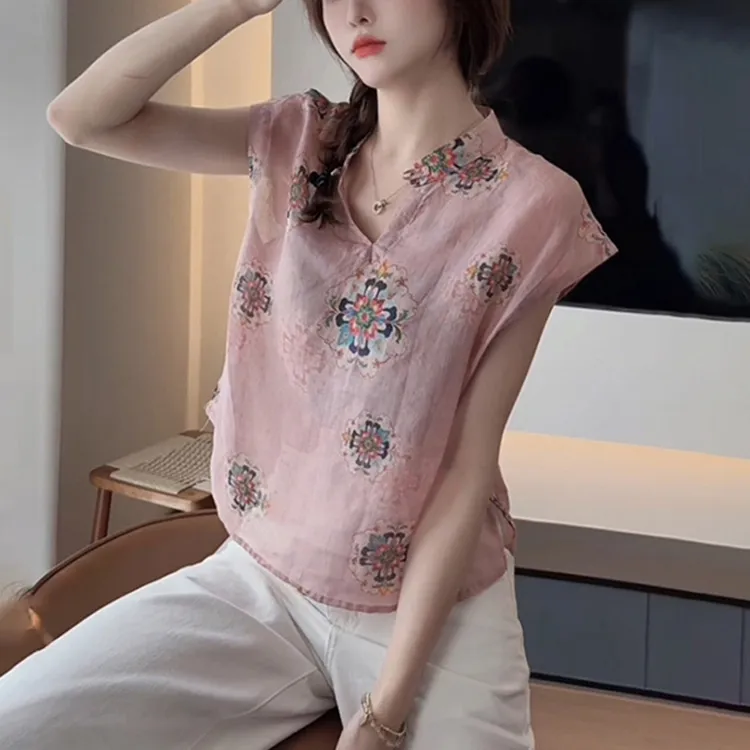 文艺复古印花不规则衬衫女提花时尚百搭夏季宽松中式中国风民族风