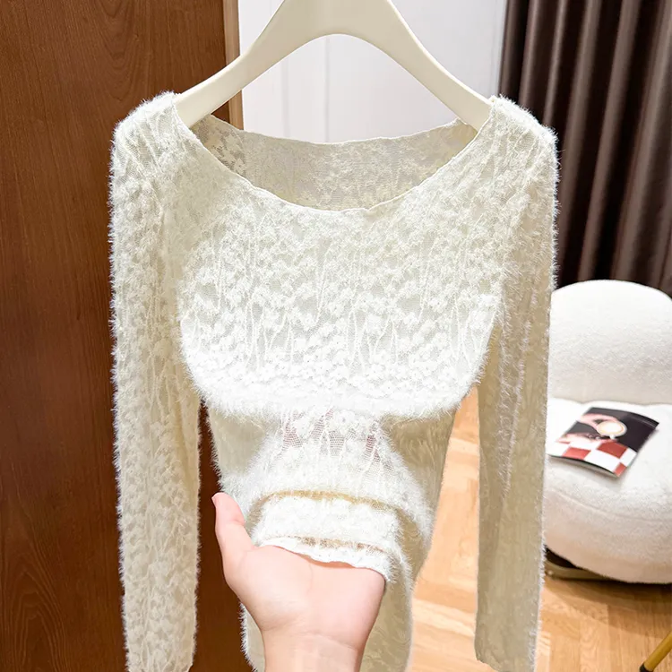 纯欲大圆领杏色蕾丝打底衫女爆款气质修身内搭毛茸茸磨毛长袖上衣