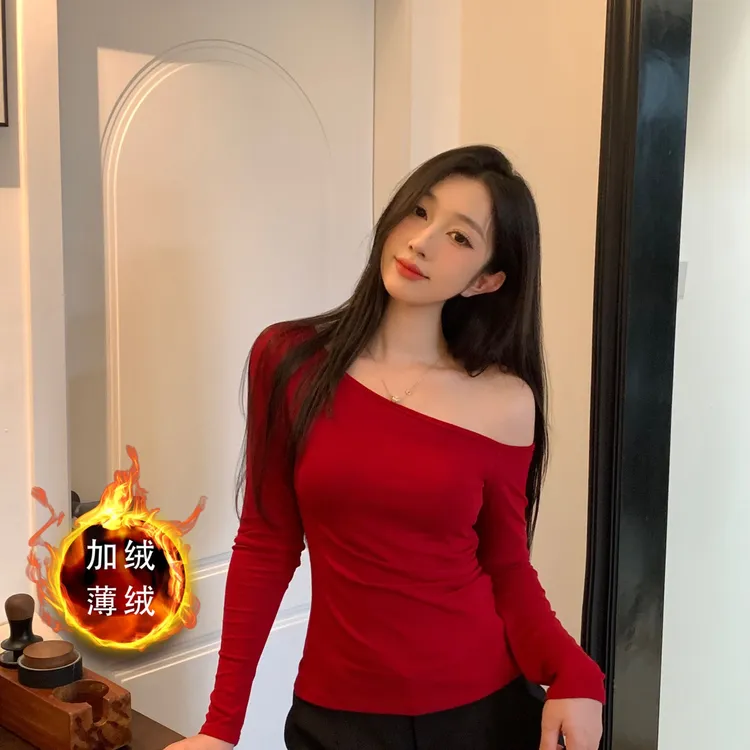 加绒磨毛辣妹显瘦斜露肩 设计掐腰紧身内搭打底衫 收腰别致长袖