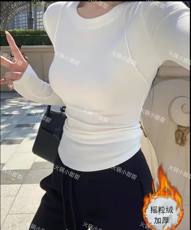 加绒加厚一体绒正肩打底衫女秋冬季圆领修身显瘦保暖内搭长袖上衣