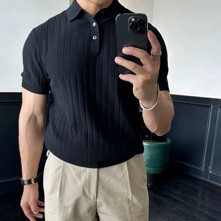 短袖针织衫男士新款长条纹商务休闲翻领Polo衫时尚百搭简约修身