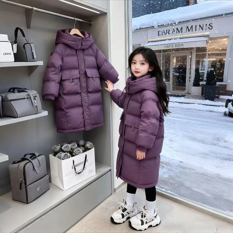 女童加厚棉衣2025冬季新款洋气棉袄中大童过膝中长款纯色连帽外套