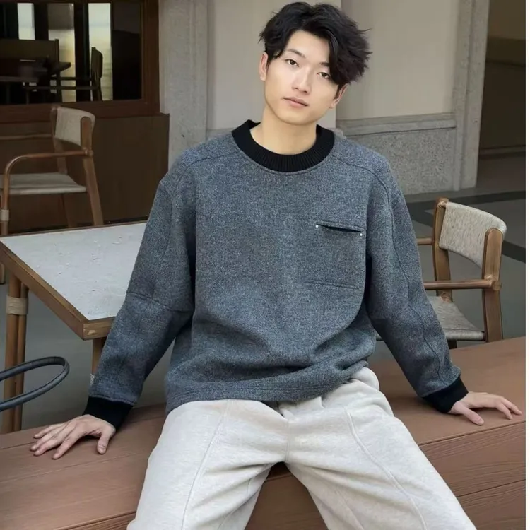 秋冬新款男士加绒加厚潮牌拼接宽松百搭圆领卫衣时尚休闲长袖上衣