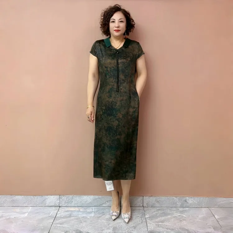 新款阔太太气质中老年妈妈连衣裙夏季国风新中式短袖遮肉旗袍长裙