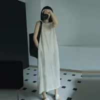 【现货+运补】粉色棉麻无袖连衣裙女宽松亚麻背心a字长裙子4640