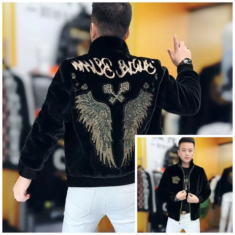 608冬季新款时尚潮流男士立领烫钻保暖外套