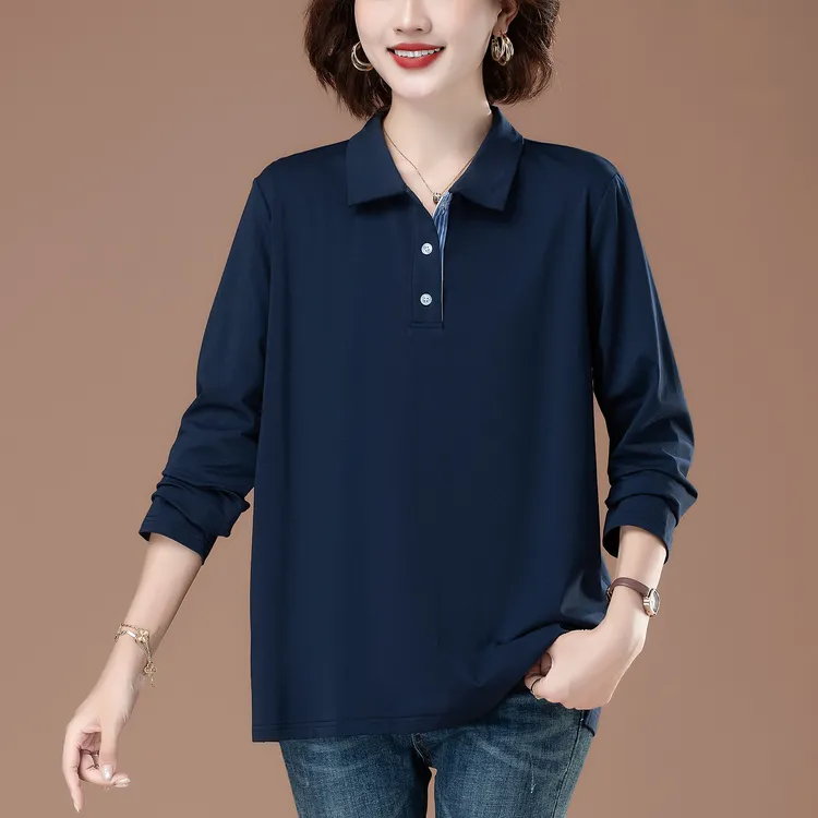 翻领长袖T恤女中老年宽松休闲POLO衫春秋新款外穿打底衫大码女装