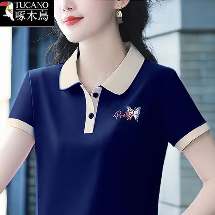 啄木鸟2025年新款潮流显瘦T恤夏季中年女装POLO领短袖拼色上衣潮