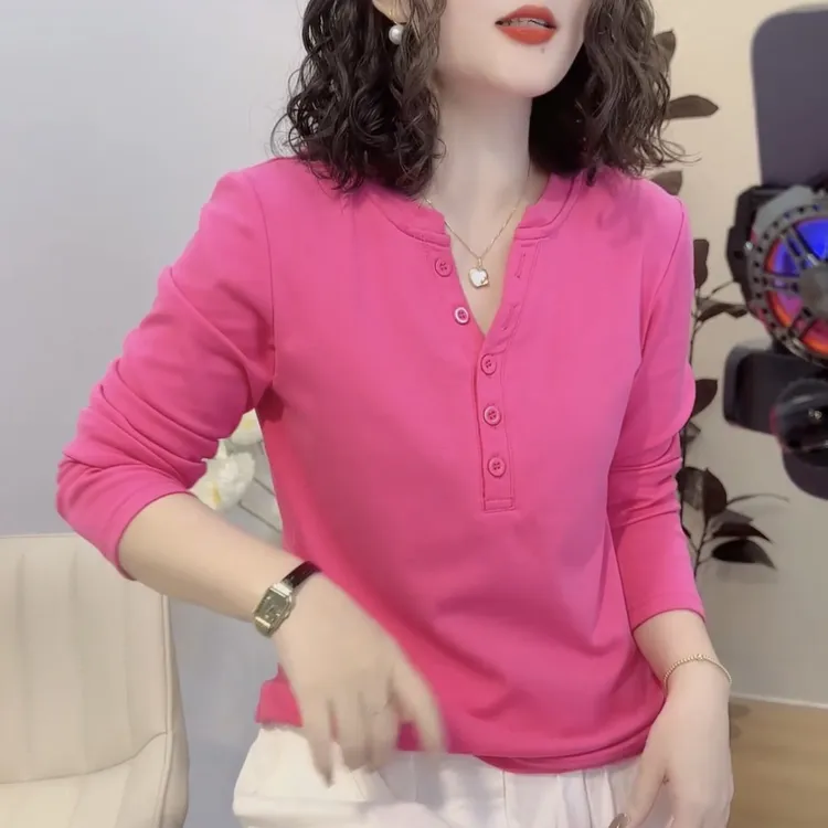 春秋新款玫红长袖T恤女显白显瘦简约气质大码柔软内搭打底上衣