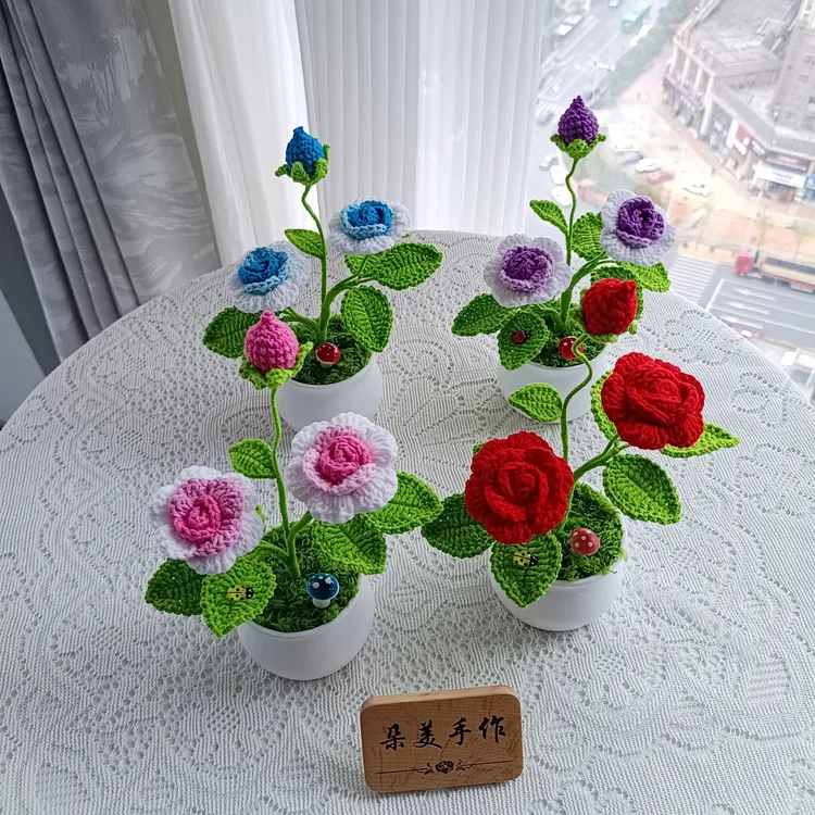 成品手工编织玫瑰花盆栽家居装饰礼物