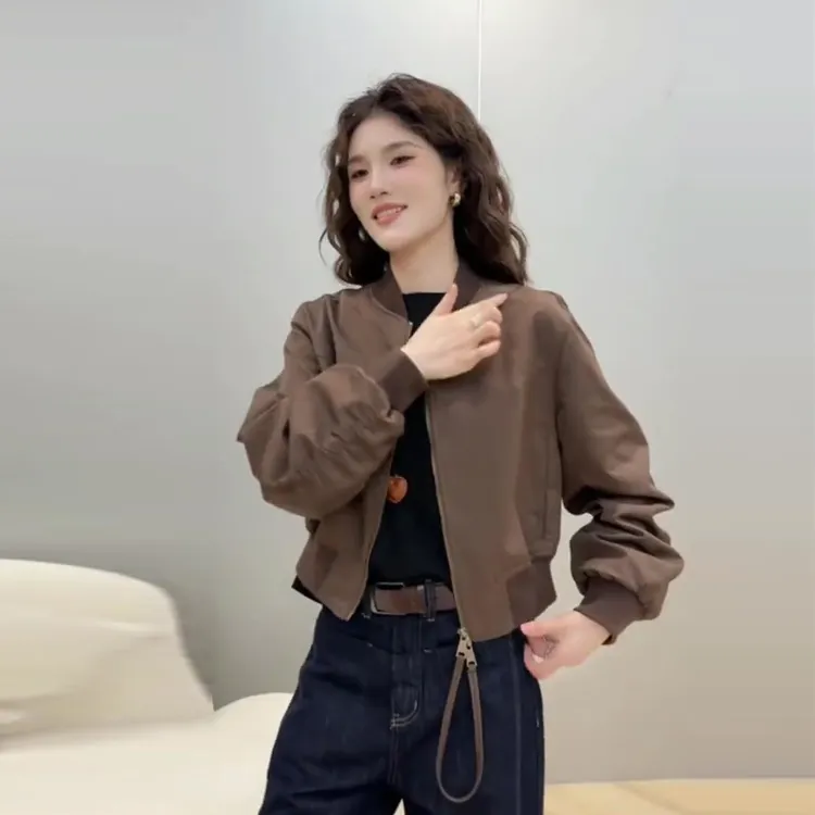 时尚高级感咖色拉链开衫休闲外套女秋季新款气质减龄夹克显瘦上衣