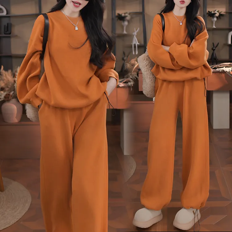 韩版简约卫衣阔腿裤两件套女2025冬季新款小个子气质炸街休闲套装