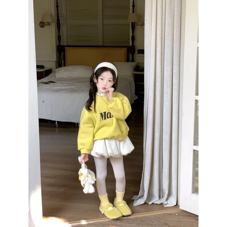 Bmy2025wt 女童冬季新款韩版字母印花卫衣内搭T夹棉花苞裙套装