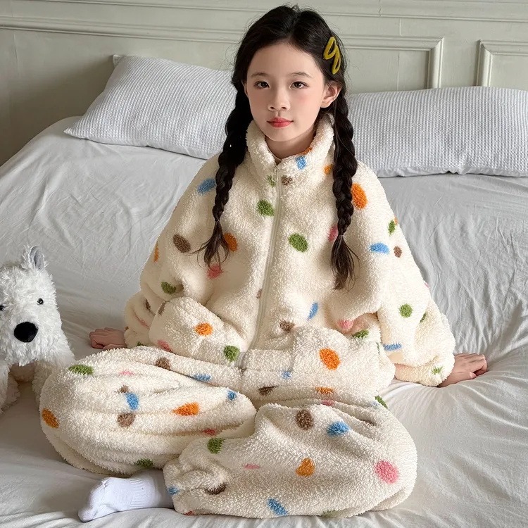 女童圆点家居服冬季新款儿童保暖可外穿冬装大童睡衣加绒加厚套装