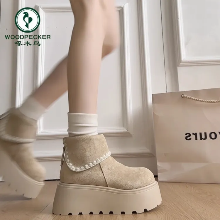 啄木鸟厚底雪地靴女2025新款冬季加绒短靴小个子增高加厚保暖棉鞋