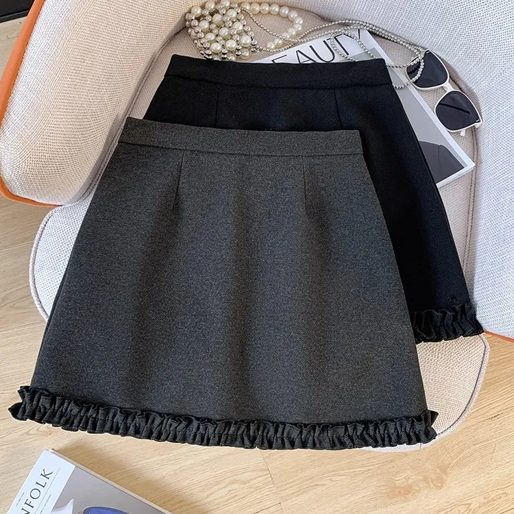 2025秋冬新款毛呢a字半身裙女气质木耳边高腰百搭显瘦防走光短裙