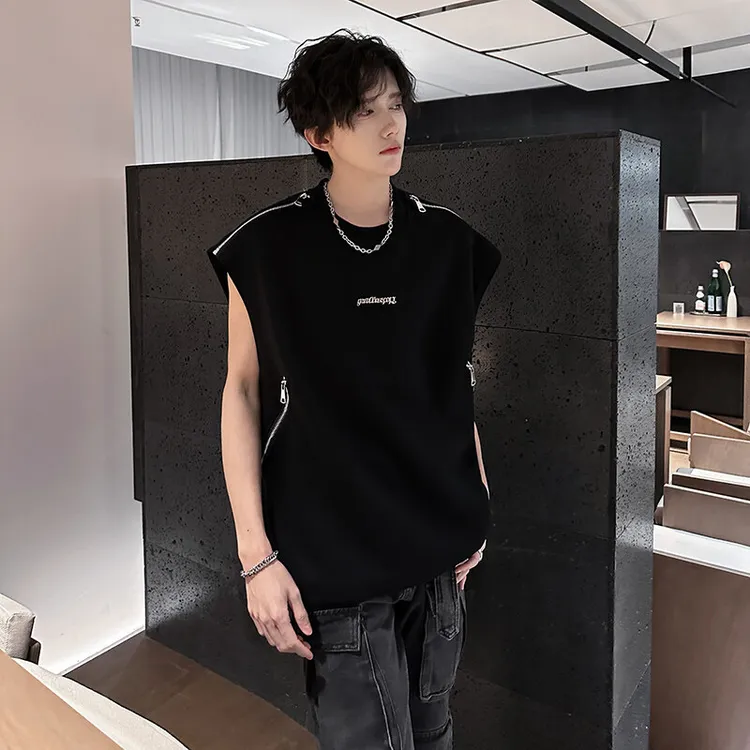 美式拉链设计感坎肩背心男夏潮牌cleanfit高街痞帅小领口无袖T恤