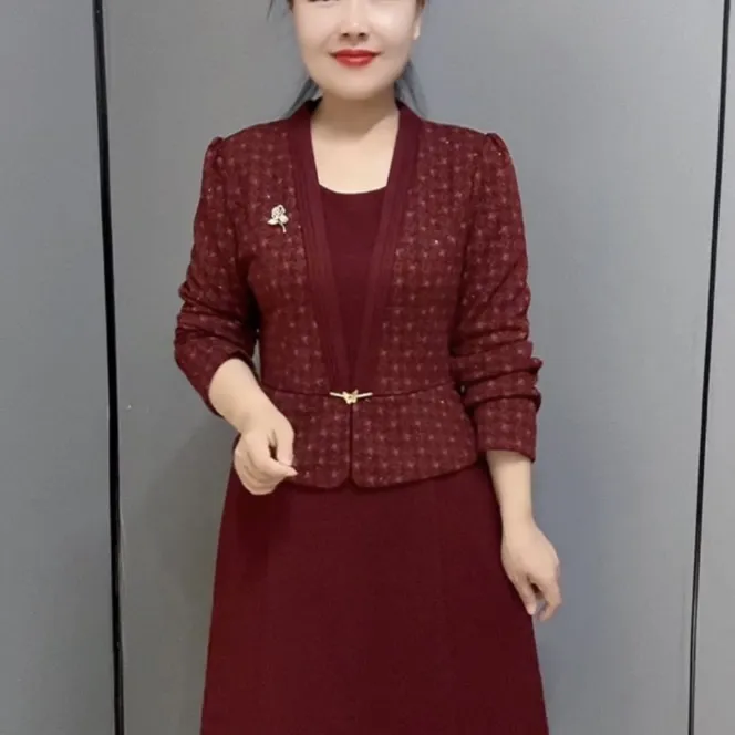 秋冬009新款长袖修身显瘦中长款假两件妈妈装连衣裙百搭洋气显瘦