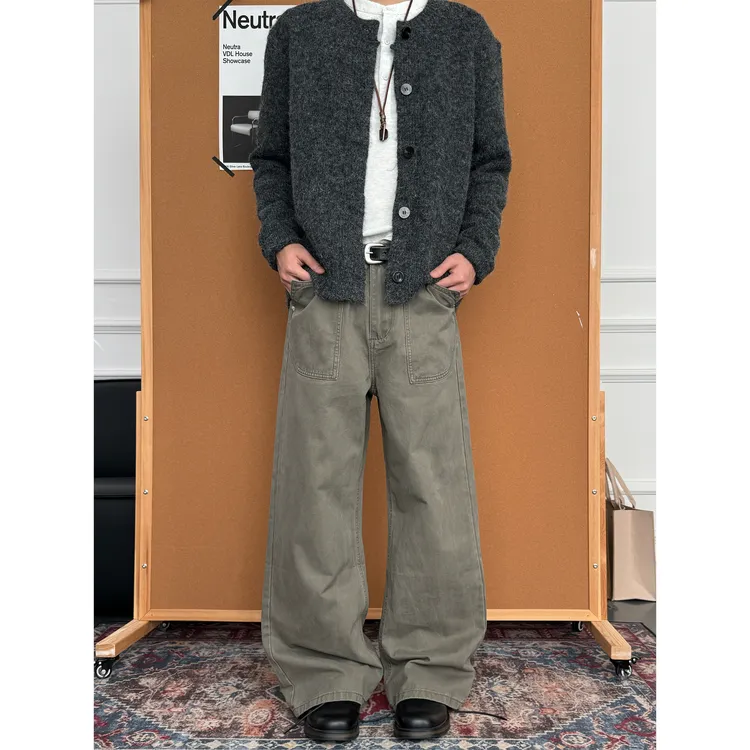 CZ2美式水洗复古做旧亚麻灰直筒裤男女牛仔裤阔腿宽松休闲长裤潮