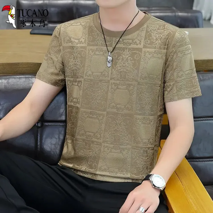 啄木鸟2024夏季新款男士冰丝短袖时尚百搭休闲帅气薄款透气速干圆