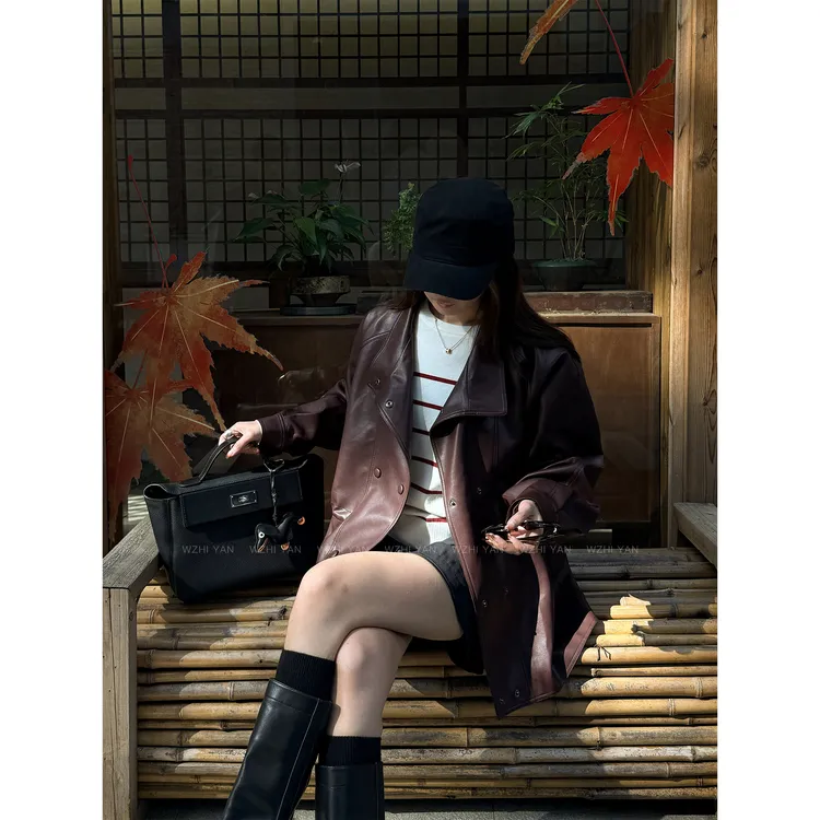 【柏林漫秋】“皮外套”轻奢高级感百搭腰部可松紧翻领皮衣外套21971