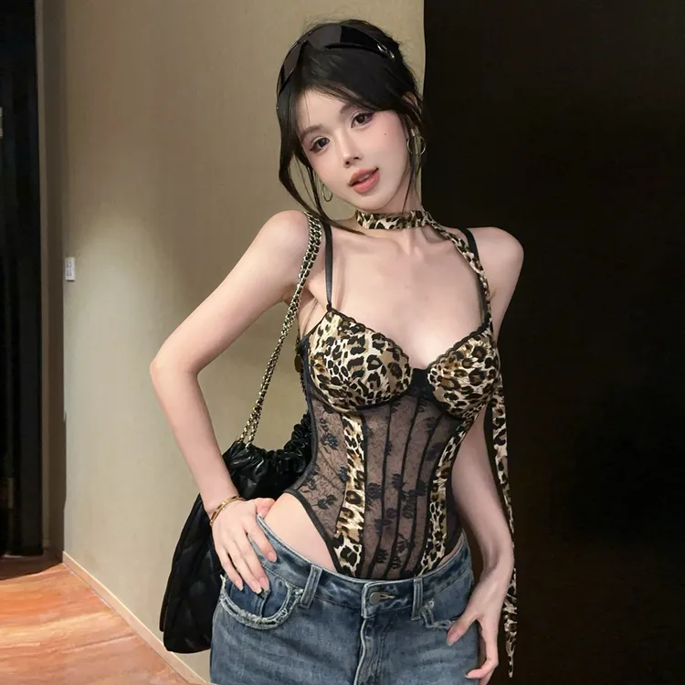 夏季新款高级感纯欲性感豹纹修身小吊带蕾丝透视拼接打底连体衣