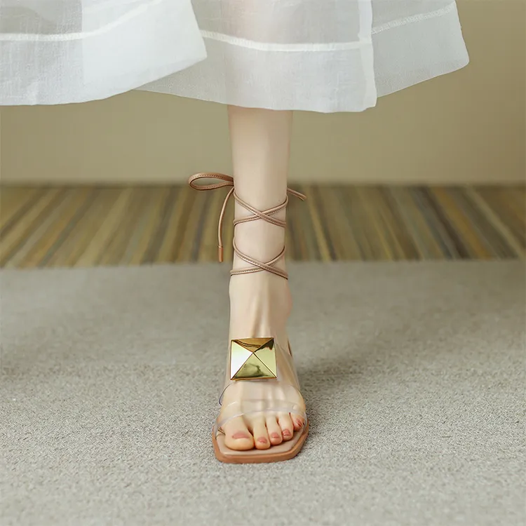 UHCK中跟凉鞋2025年新款女夏外穿百搭一字带淑女透明绑带仙女粗跟