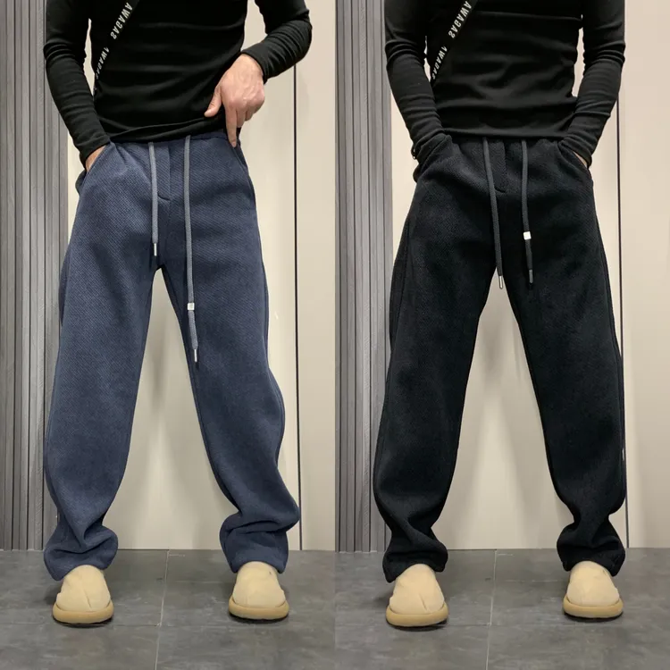 2025秋冬加绒加厚直筒高街显瘦系绳长裤男简约潮流男士纯色休闲裤