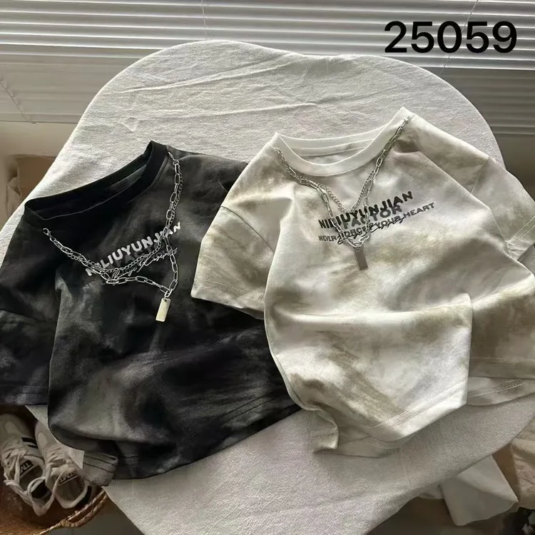 2025夏款儿童扎染短袖t恤男童韩版洋气短袖上衣中性帅气韩系-474