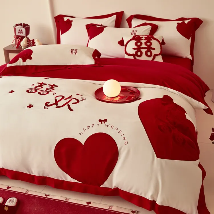 中式婚庆四件套纯棉大红色床单被罩高档全棉结婚陪嫁婚房床上用品